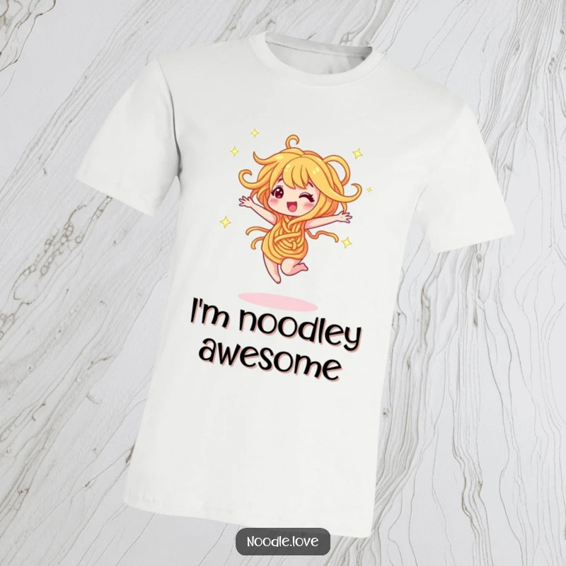 Funny t-shirt with a noodle character dancing energetically and emitting sparkles. A vibrant and humorous funny gift.