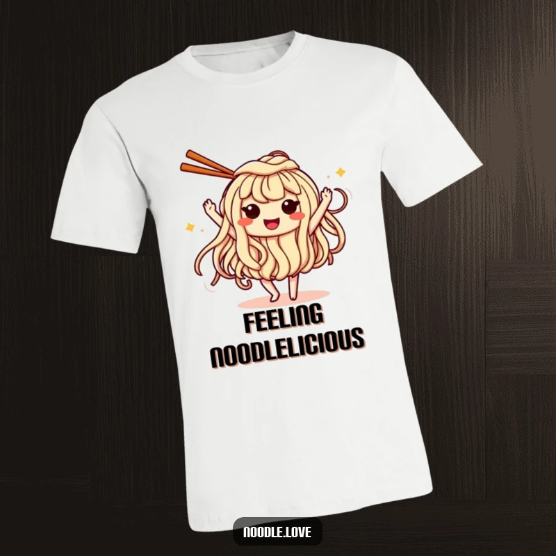 Funny T-Shirt: a smiling noodle with big eyes enthusiastically dancing while holding chopsticks, celebrating food and fun.