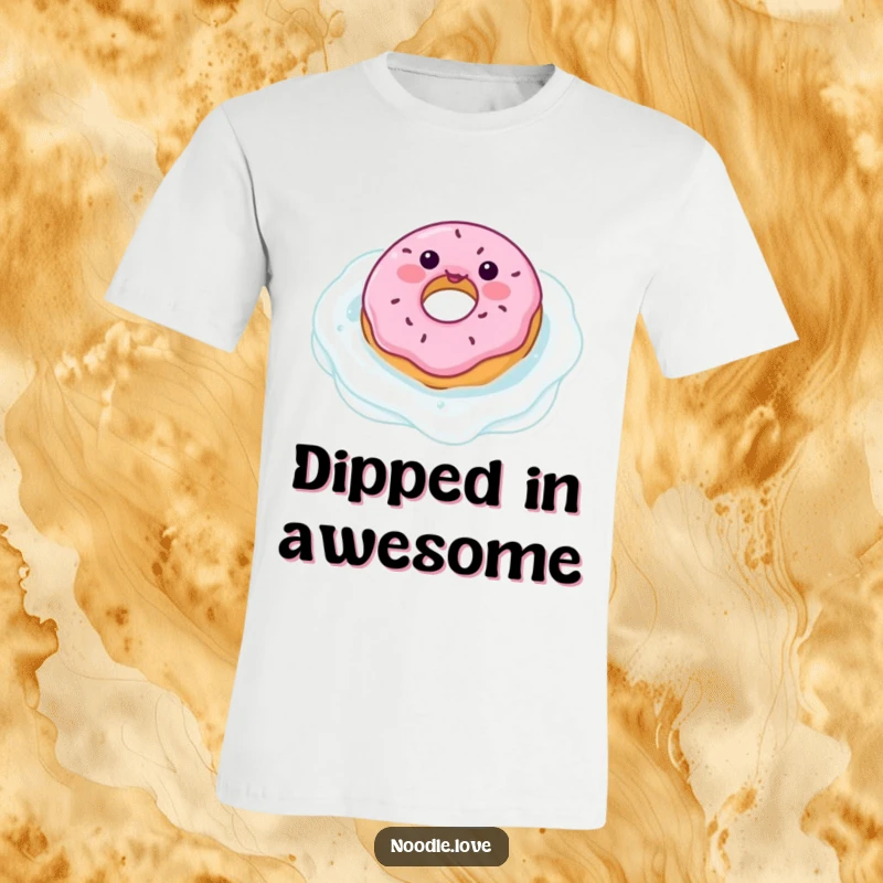Funny donut character t-shirt, happily floating in a milk pool, celebrating sweet indulgence with a charming and humorous vibe.