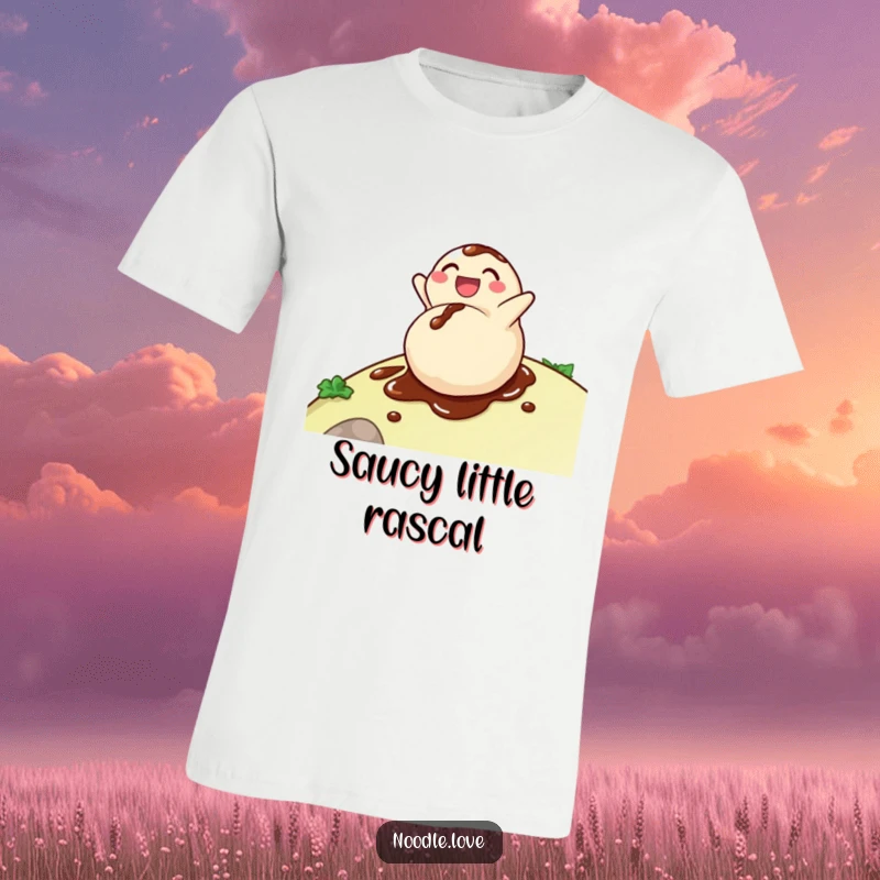 Funny dumpling t-shirt showing a delighted character rolling down a hill, covered in soy sauce, a playful ode to flavor.