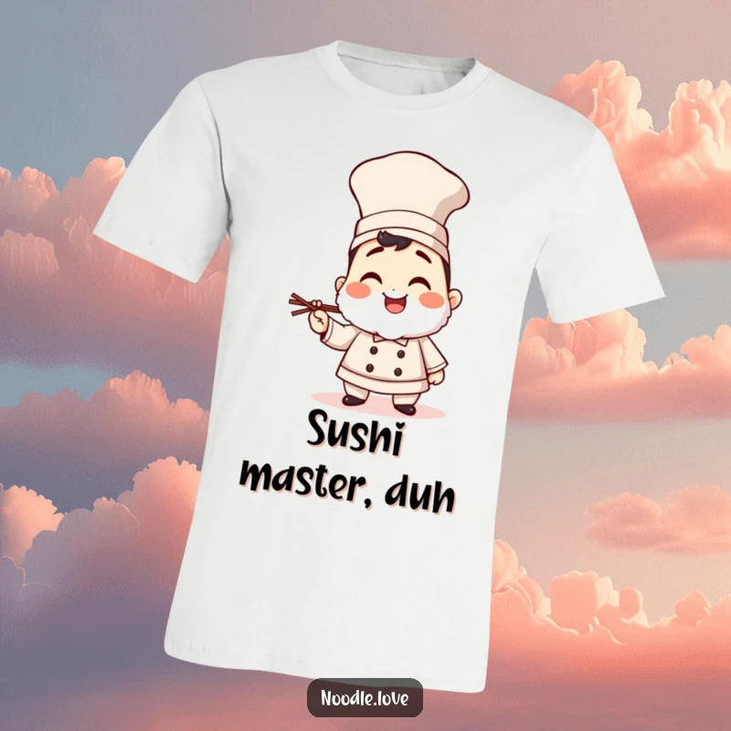 Funny giggling sushi chef t-shirt in a tall hat, holding chopsticks, radiating joy and a love for Japanese cuisine.
