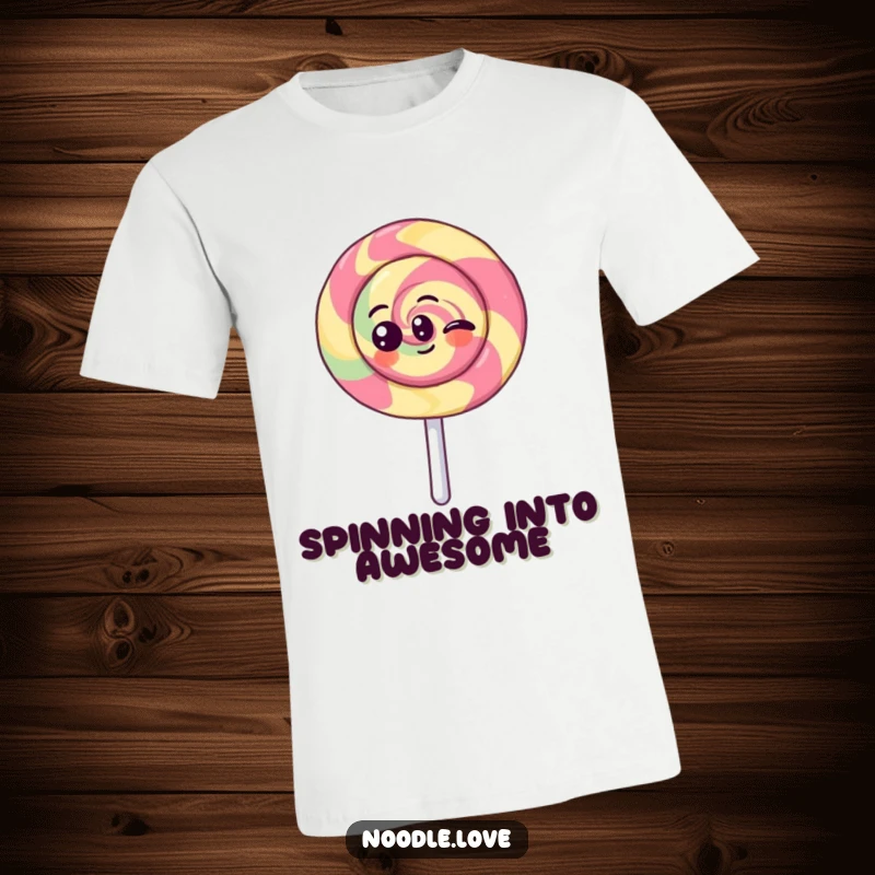 Funny Kawaii lollipop character spinning joyfully, printed on a comfortable t-shirt, symbolizing happiness and vibrant energy.