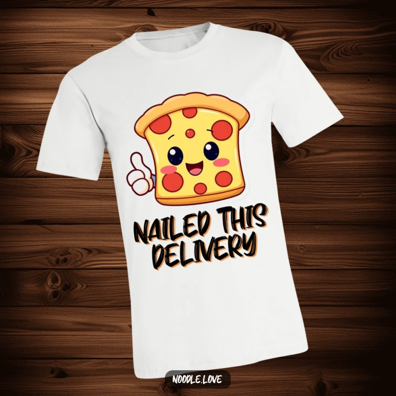 Funny Kawaii pizza slice character giving a positive thumbs up, printed on a comfortable t-shirt, celebrating pizza joy.