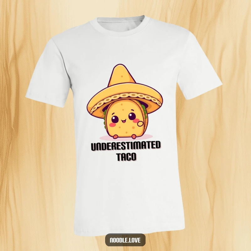 Funny Kawaii taco character peeking out from under a giant sombrero, printed on a graphic t-shirt.