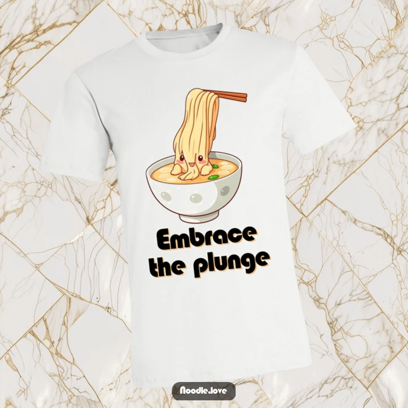 Funny Noodle Dive T-Shirt, featuring a dramatic noodle character leaping into a bowl of hot broth, perfect for food lovers.