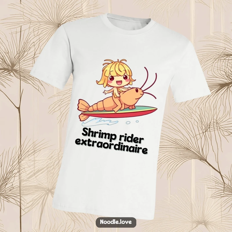 Funny t-shirt featuring a giggling noodle character joyfully riding a giant shrimp as a surfboard, capturing a moment of pure fun.