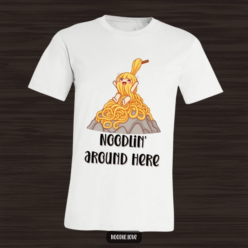 Funny t-shirt featuring a gleeful noodle character joyfully sliding down a massive mountain constructed entirely of delicious noodles.