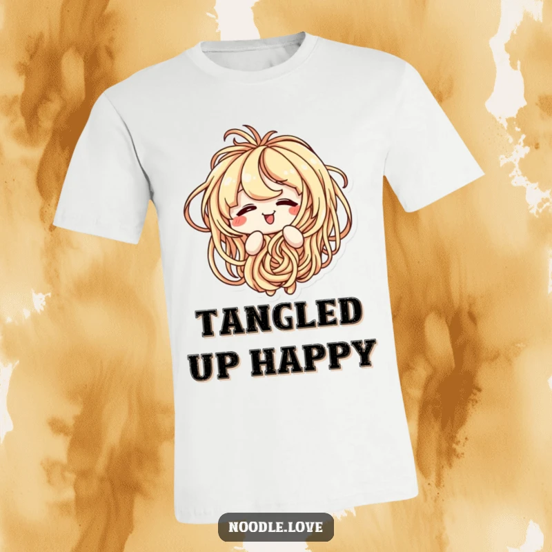 Funny t-shirt featuring a cartoon noodle character looking amused while playfully tangled in its own noodle strands.