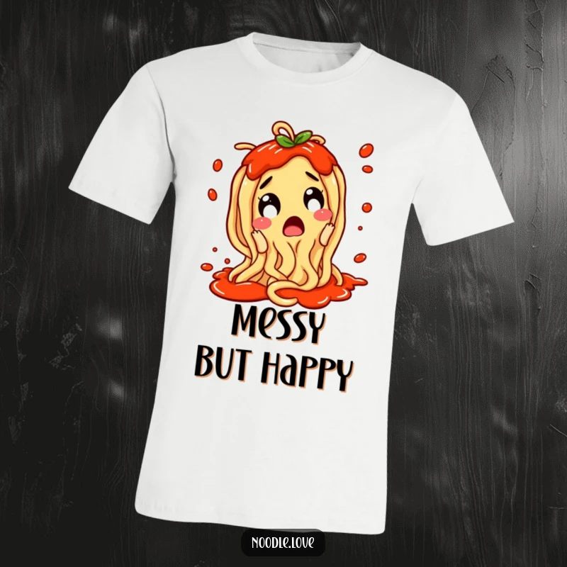 Funny Noodle T-Shirt: A surprised noodle character wiggling excitedly with sauce splattering everywhere, pure food fun.