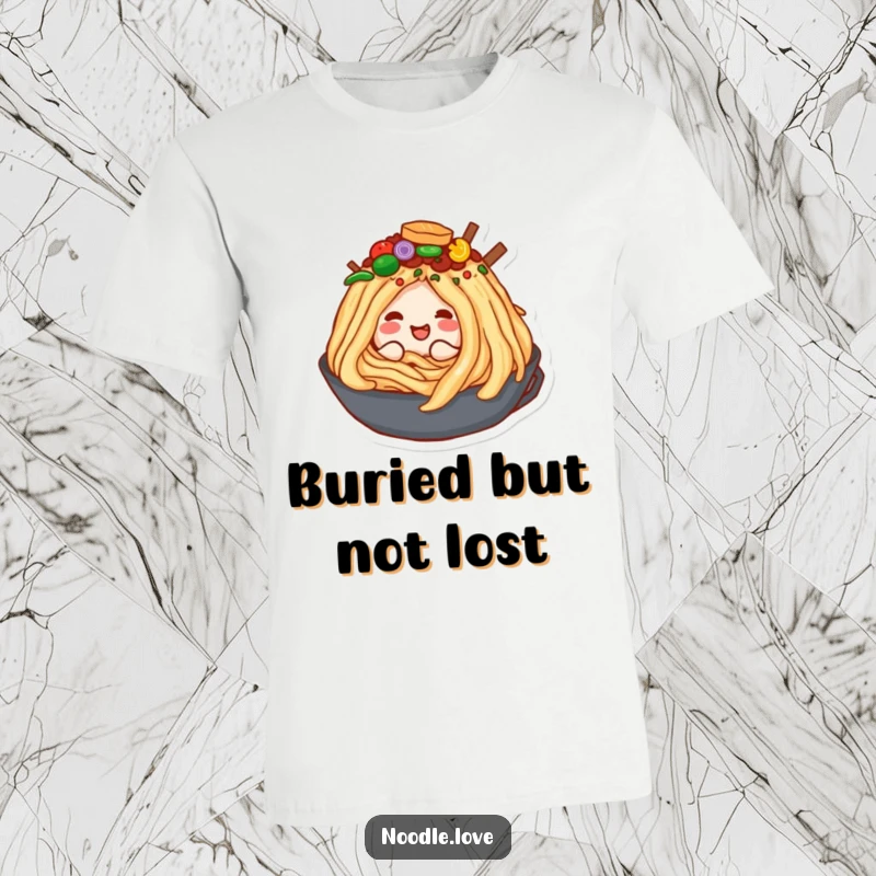 Funny t-shirt with a cartoon noodle character blissfully digging into a huge pile of vibrant and delicious food toppings.