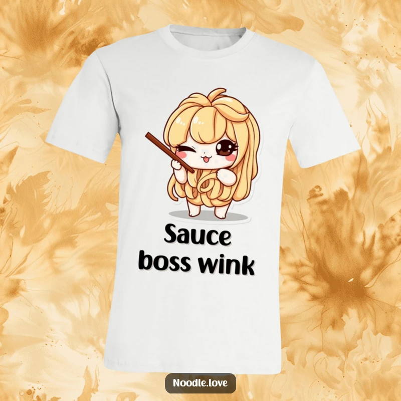 Funny t-shirt featuring a mischievous noodle character winking slyly while balancing small chopsticks, radiating playful energy.