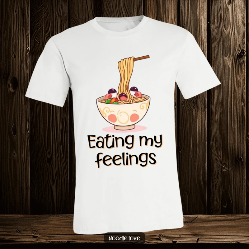 Funny T-Shirt: a happy ramen bowl playfully slurping its own noodles with chopsticks, celebrating self-love and noodles.