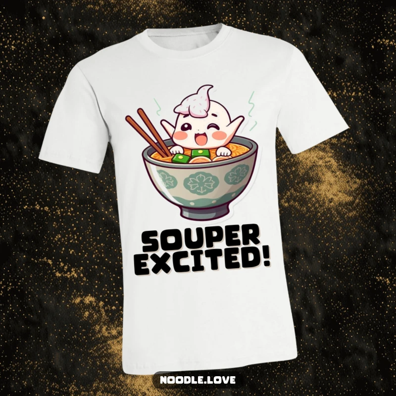 Funny ramen t-shirt showcasing a giggling character enthusiastically jumping out of steaming broth, a delightful and humorous noodle celebration.