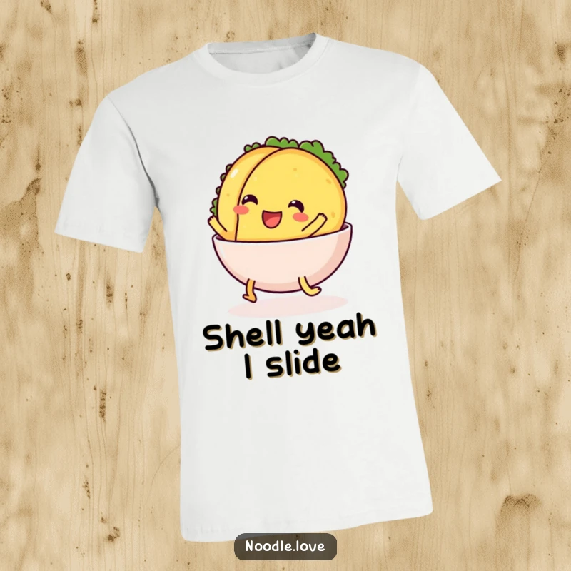 Funny T-Shirt: a cheerful taco with legs comically sliding headfirst into a bowl, depicting pure taco joy.