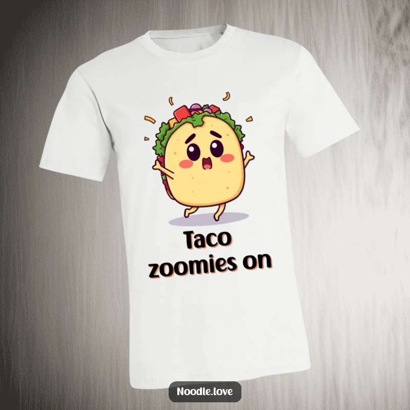 Funny Surprised Taco T-Shirt: A surprised taco with toppings exploding dances with energetic joy, perfect for fiesta fun and funny gifts.
