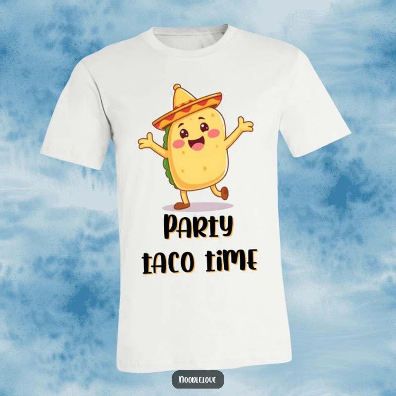 Funny taco t-shirt, a jubilant taco with floppy sombrero legs doing a joyful dance, fiesta fun.