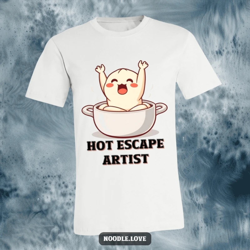 Funny T-Shirt: a dumpling with wide eyes comically jumping out of a steaming pot, emphasizing surprise and humor.