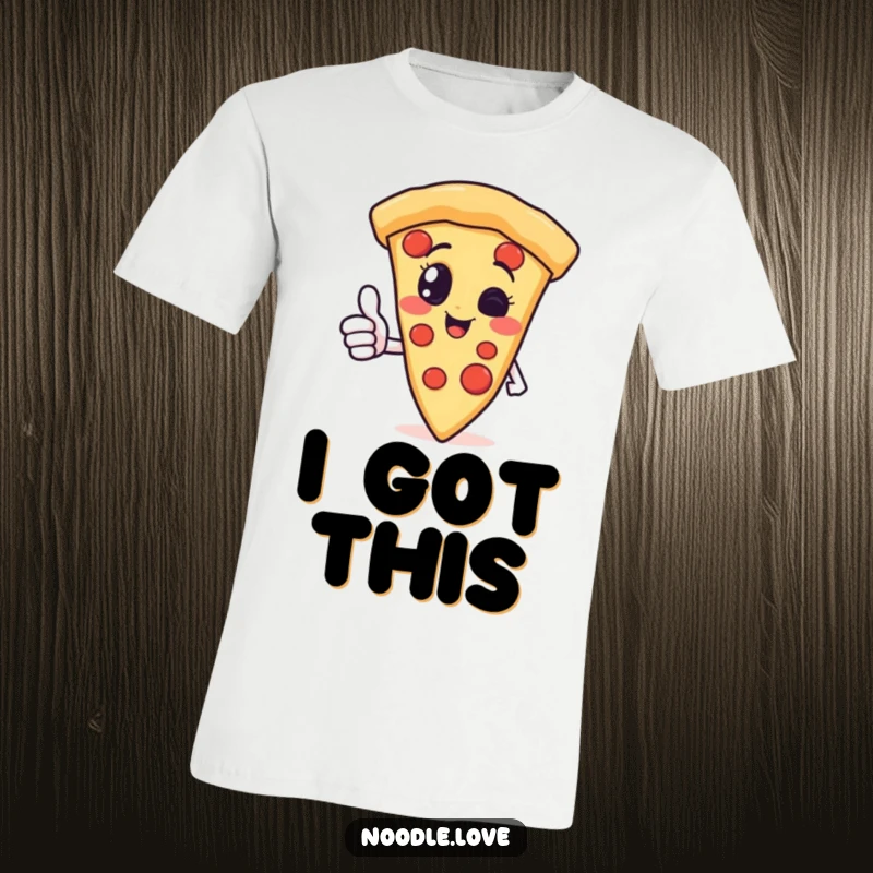 Funny pizza slice character t-shirt giving a big thumbs up, celebrating happiness and delicious food with a playful vibe.