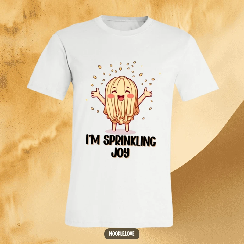 Funny t-shirt with a joyful noodle character tossing a shower of sesame seeds like confetti, radiating pure, infectious delight.