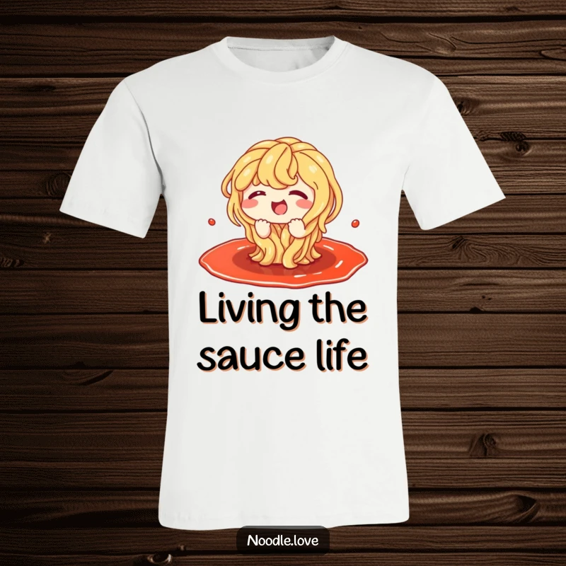 Funny t-shirt featuring a cartoon noodle character gleefully splashing and giggling within a rich, brown sauce puddle.