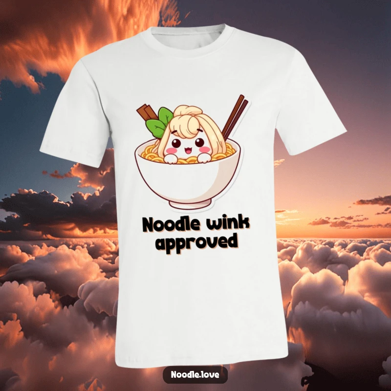 Funny ramen noodle character winking from inside a cozy soup bowl, a humorous and charming t-shirt for noodle lovers.