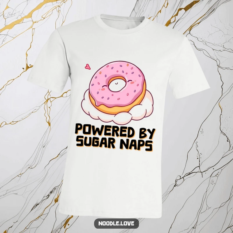 Funny Kawaii donut character napping soundly on a cloud, conveying pure relaxation and humor on a comfortable t-shirt.
