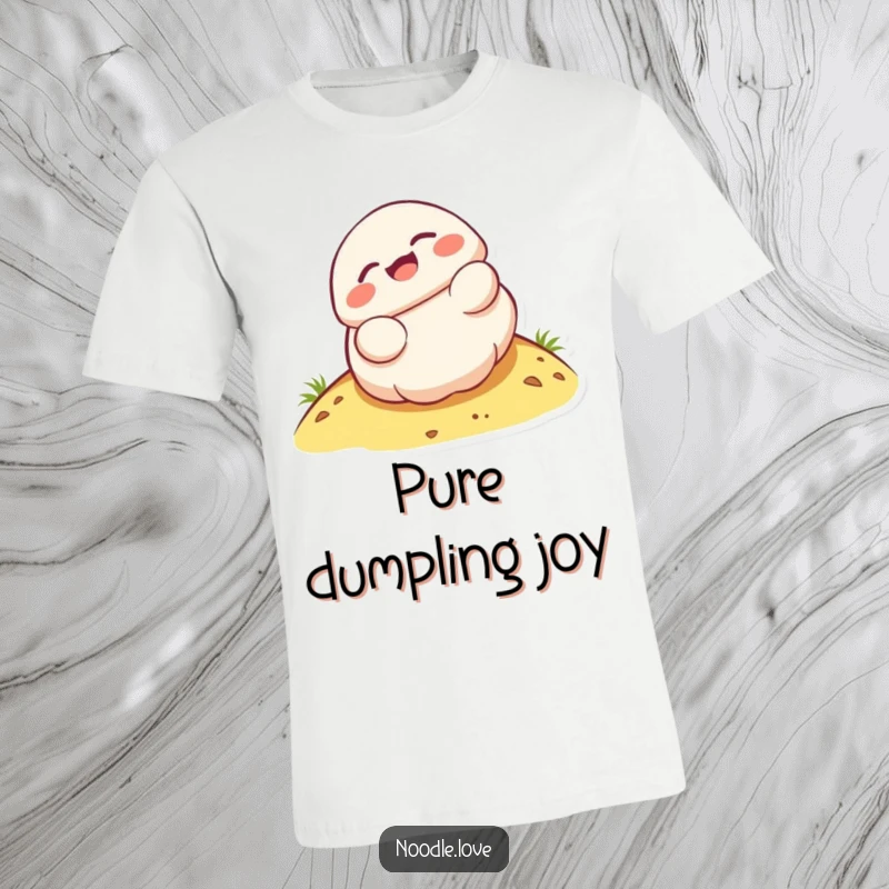 Funny Kawaii dumpling character giggling while rolling down a hill, printed on a comfortable graphic t-shirt.