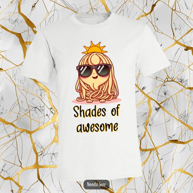 Funny happy noodle character wearing tiny sunglasses on a sunny day, cool summer graphic.