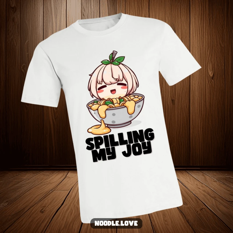Funny t-shirt featuring a ramen bowl character with a small, happy spill, expressing cute embarrassment and joy.