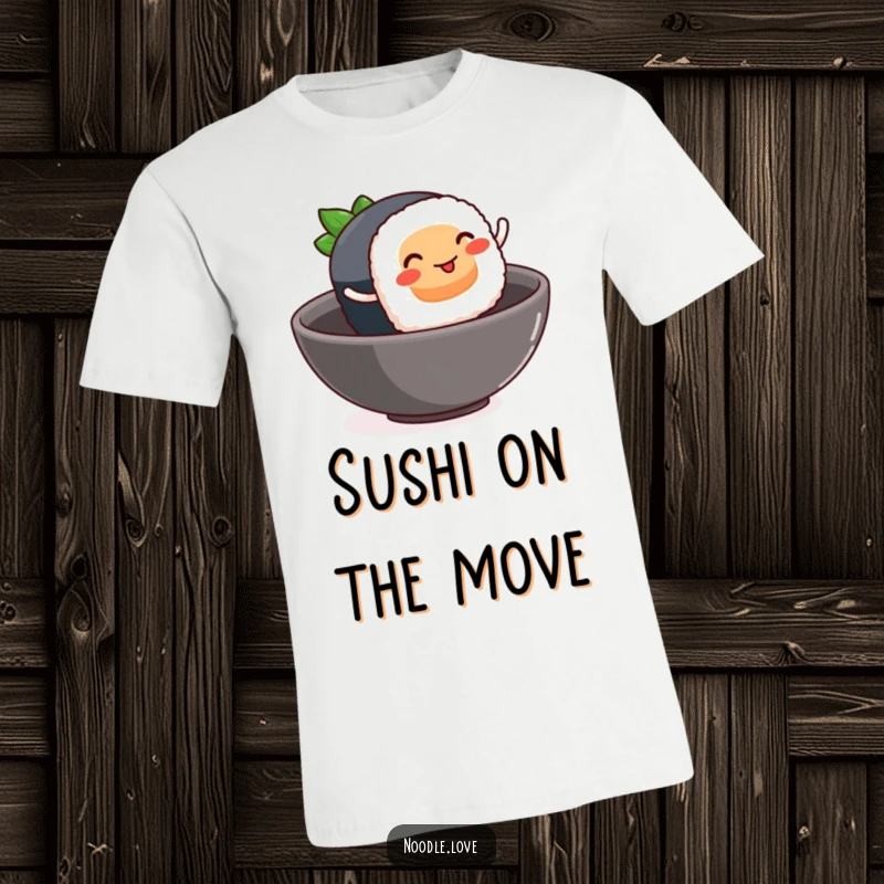 Funny sushi t-shirt, a smiling sushi piece with tiny rolling legs happily leaping into a bowl, food adventure.