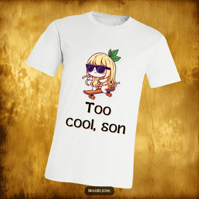 Funny t-shirt showcasing a sunglasses-wearing noodle character confidently riding a miniature skateboard, exuding pure coolness and joy.