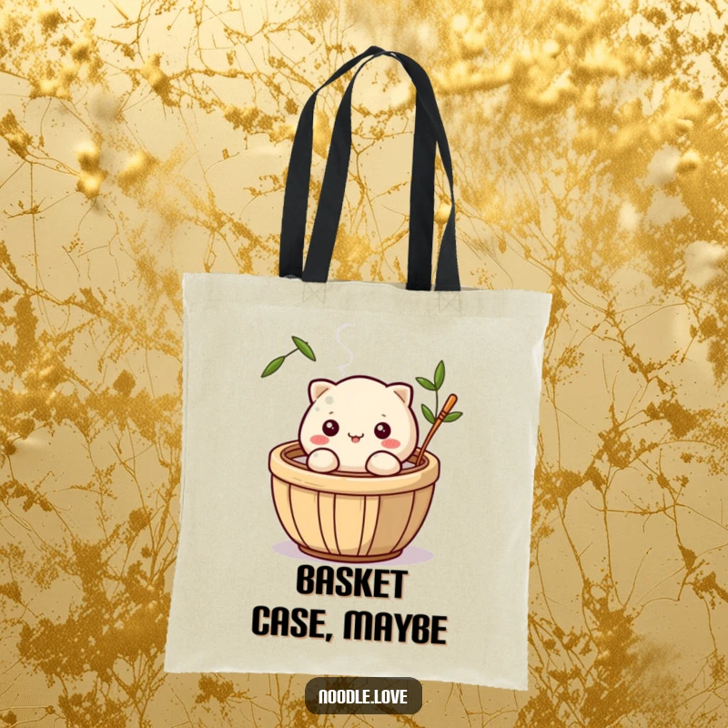 Funny tote bag featuring a delightful dumpling character winking from a steaming bamboo basket, great for stylish and humorous shopping.