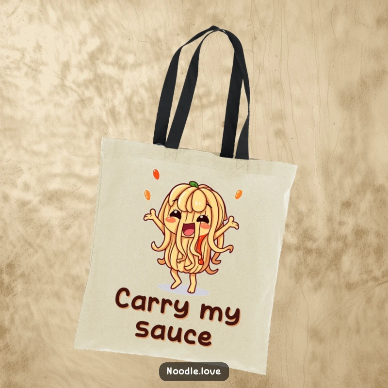 Funny Noodle Tote Bag: A noodle character dancing with artistic sauce, perfect for carrying items with a flavorful and funny touch.