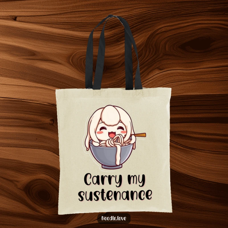 Funny tote bag with a happy anthropomorphic udon noodle character joyfully slurping itself, a unique carry-all.