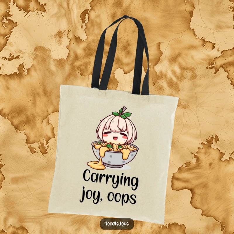 Funny tote bag featuring a ramen bowl character with a cute, slight spill, looking both embarrassed and happy, a humorous accessory.