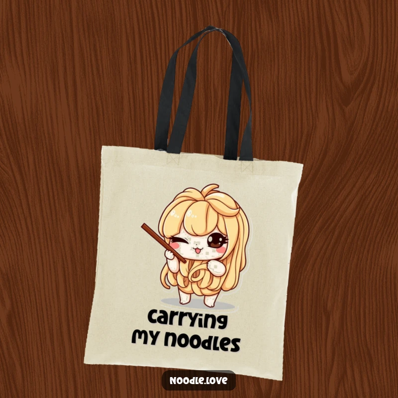 Funny tote bag with a mischievous noodle character winking and balancing chopsticks, ideal for carrying items with a food theme.