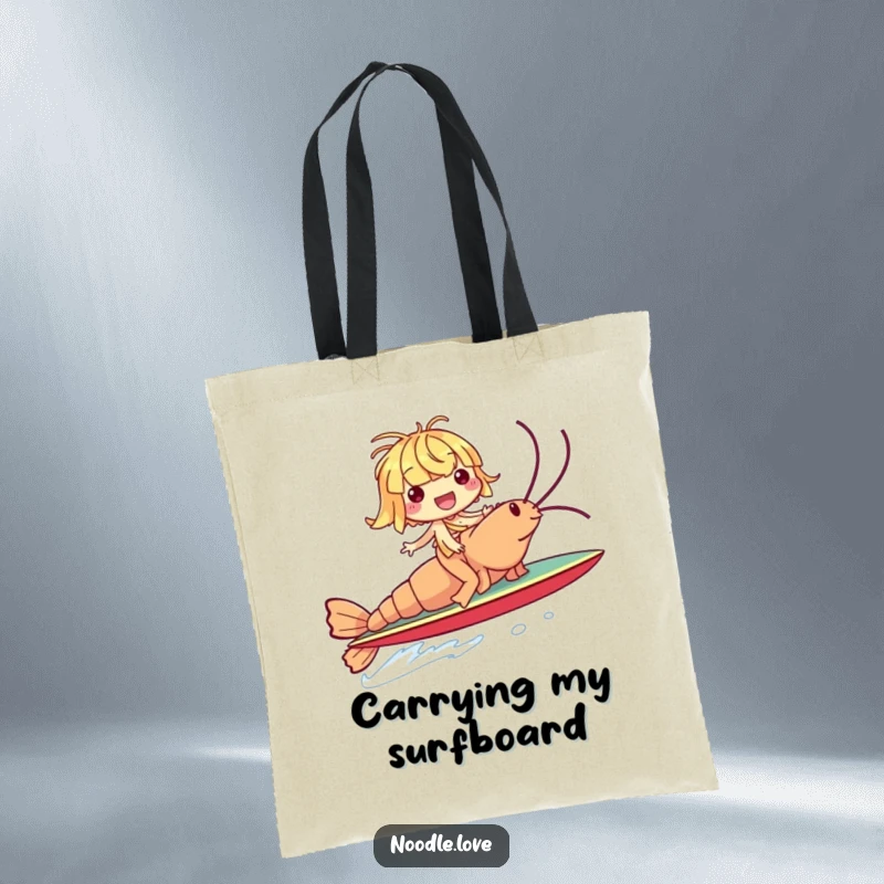 Funny tote bag with a giggling noodle character riding a giant shrimp as a surfboard, ideal for carrying items with a beach theme.