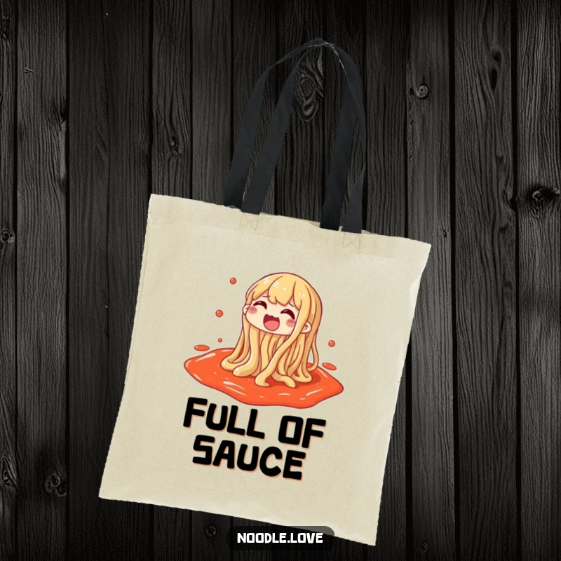 Funny tote bag with a noodle character gleefully splashing in a puddle of sauce, perfect for shopping.
