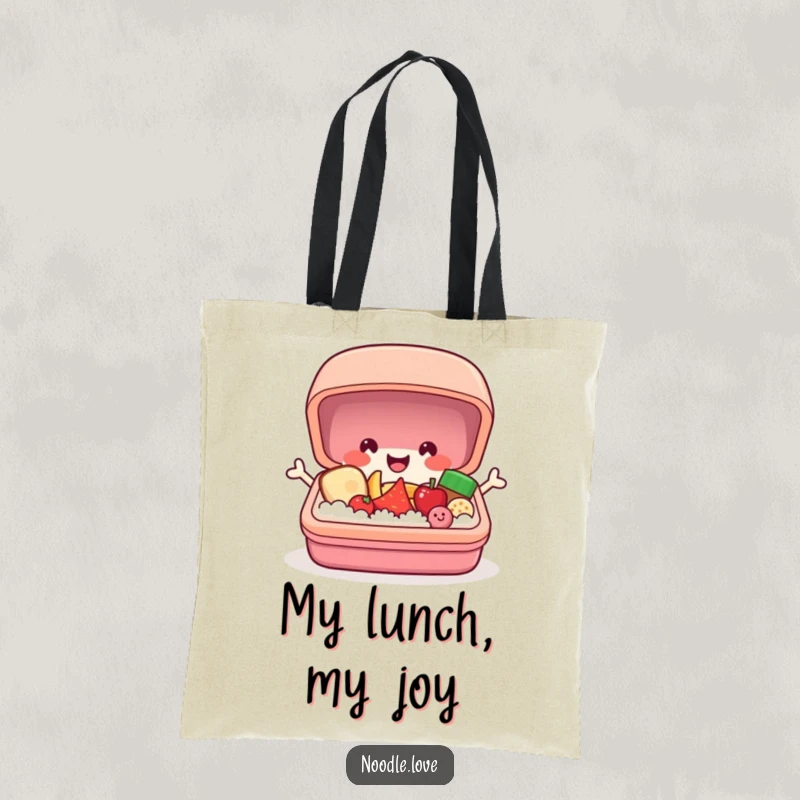 Funny bento box tote bag with a cheerful character popping open to reveal tiny smiling food, ideal for carrying items with humor.