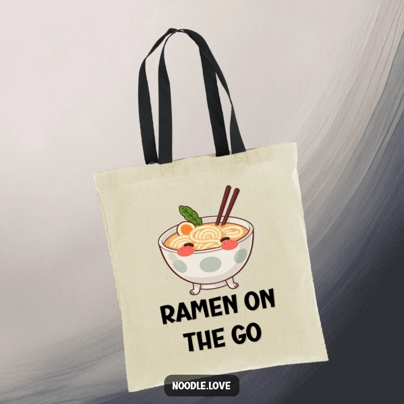 Funny blushing ramen tote bag with a cute ramen bowl on tiny noodle legs, blushing charmingly.