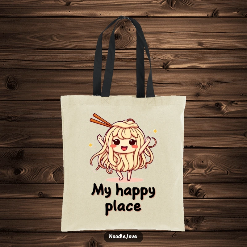 Funny Tote Bag: a joyful noodle character with eyes dancing exuberantly with chopsticks, a fun and practical accessory.