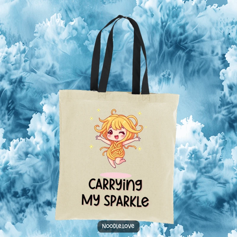 Funny tote bag depicting a noodle character dancing and twirling with sparkles. A cheerful and functional funny gift.