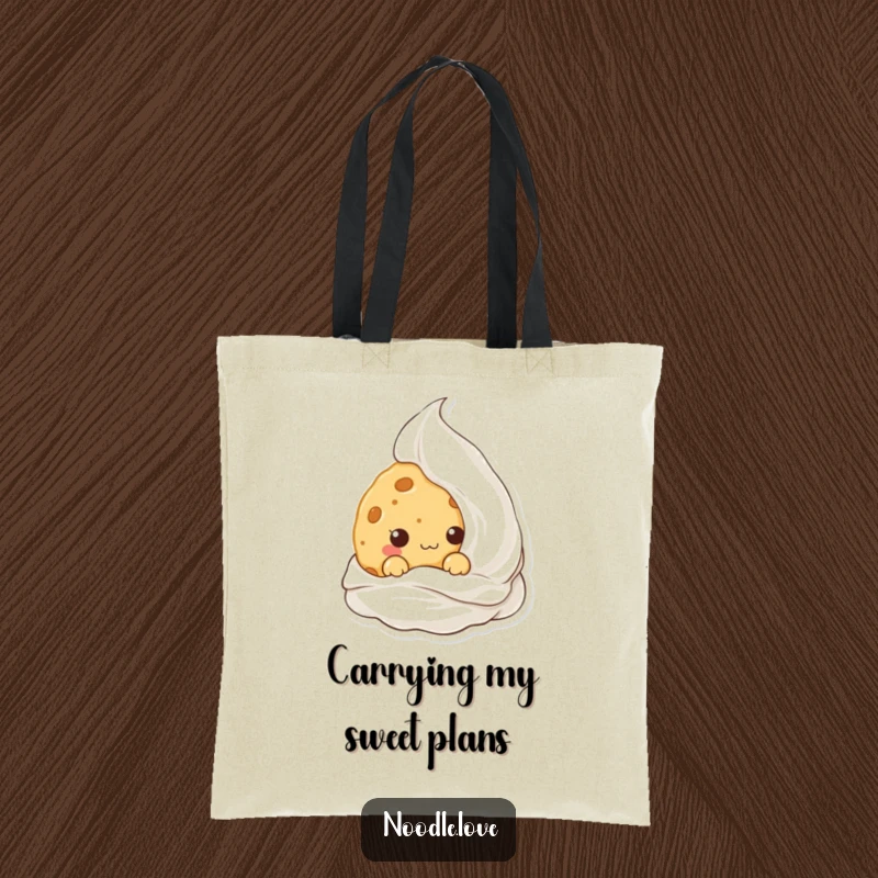 Funny Kawaii cookie character hiding behind cream, printed on a tote bag, representing portable sweetness and playful charm.