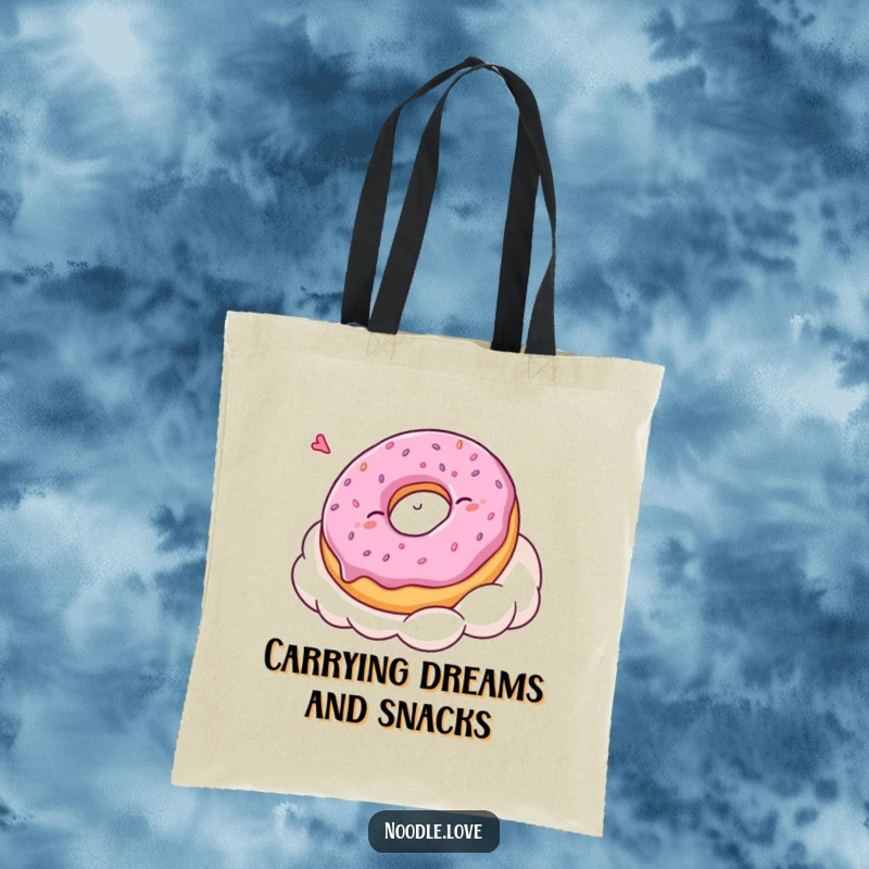 Funny Kawaii donut character taking a sweet nap on a cloud, featured on a stylish and humorous tote bag for everyday use.