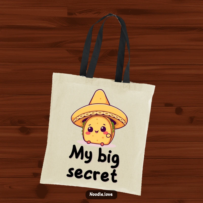Funny Kawaii taco character curiously peeking from beneath a large sombrero, depicted on a practical tote bag.