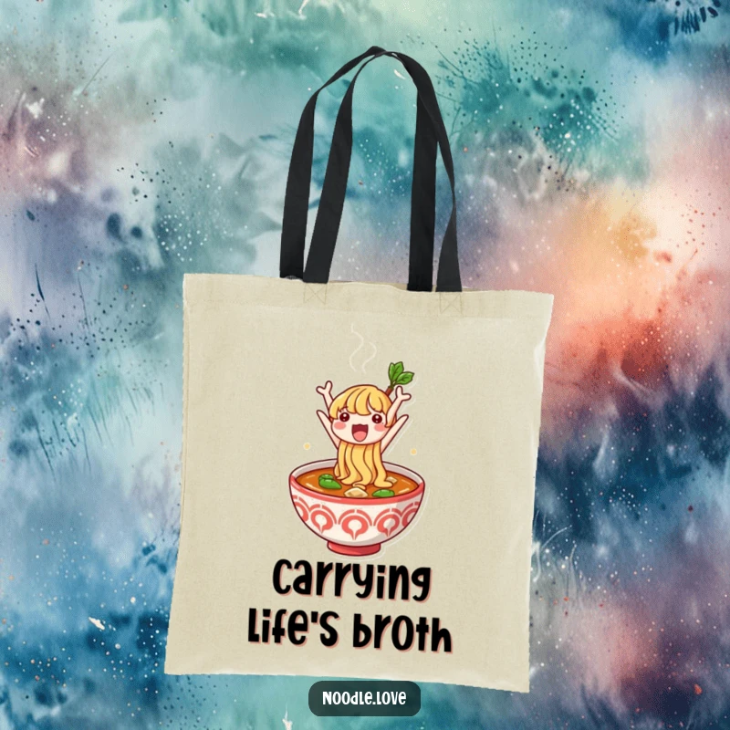 Funny tote bag featuring a cute noodle character's exciting jump from a hot, steaming bowl of broth, perfect for market trips.