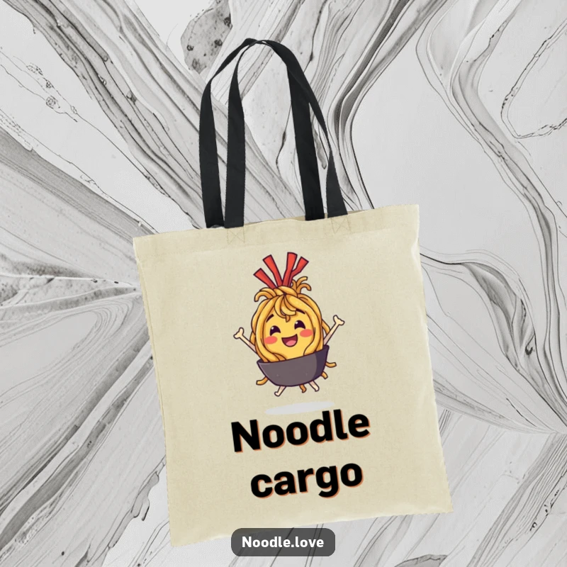 Funny Tote Bag: A happy fried noodle character bouncing with delight, perfect for carrying items with food-themed humor.