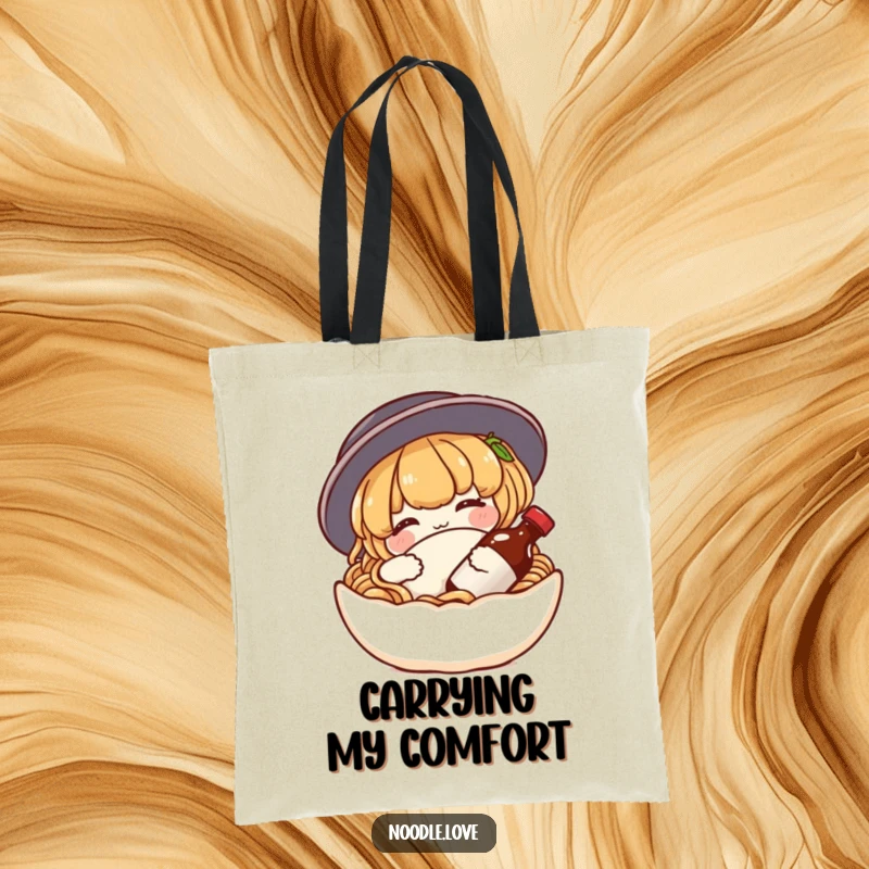Funny noodle tote bag with a content character snuggling a small soy sauce bottle as a pillow, great for carrying essentials with a smile.