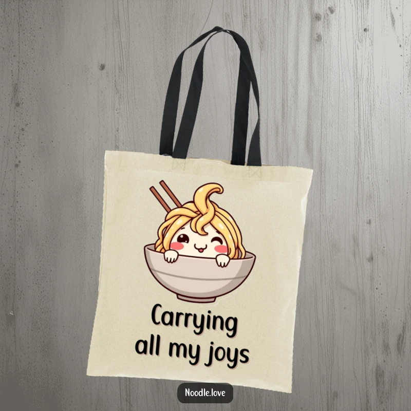 Funny Noodle Dive Tote Bag: Smiling noodle character cheerfully dives into a bowl, a practical and humorous accessory for food lovers.