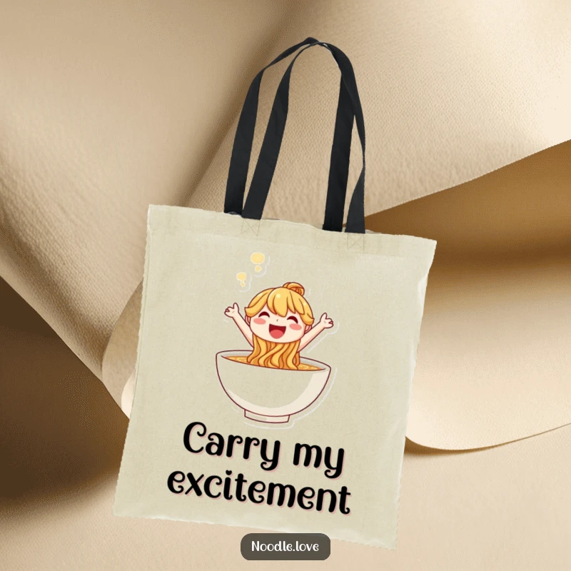 Funny smiling noodle character leaping from a steaming bowl, joyful tote bag design.